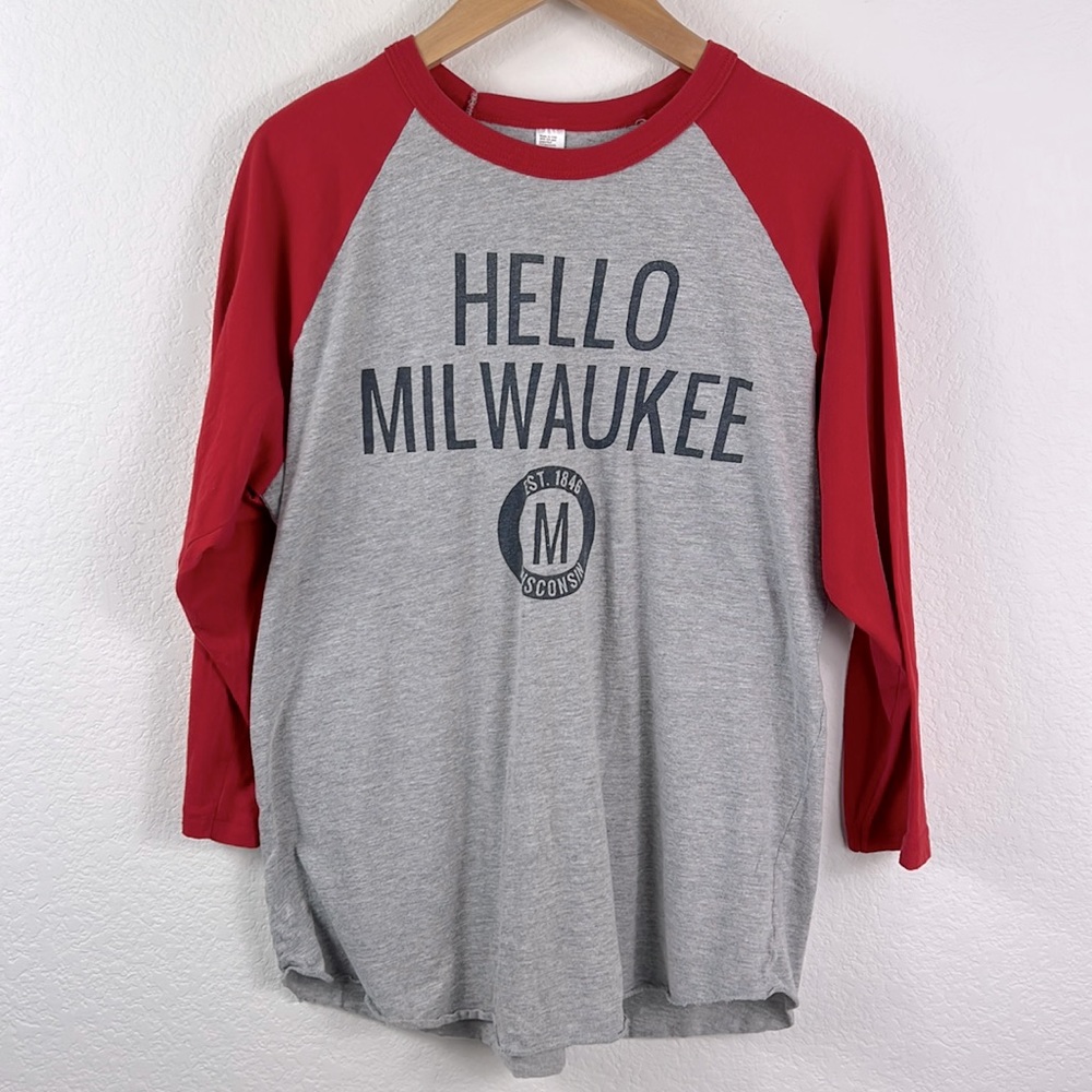 American Apparel Hello Milwaukee Baseball 3/4 Sleeve Tee Red & Gray Size Medium